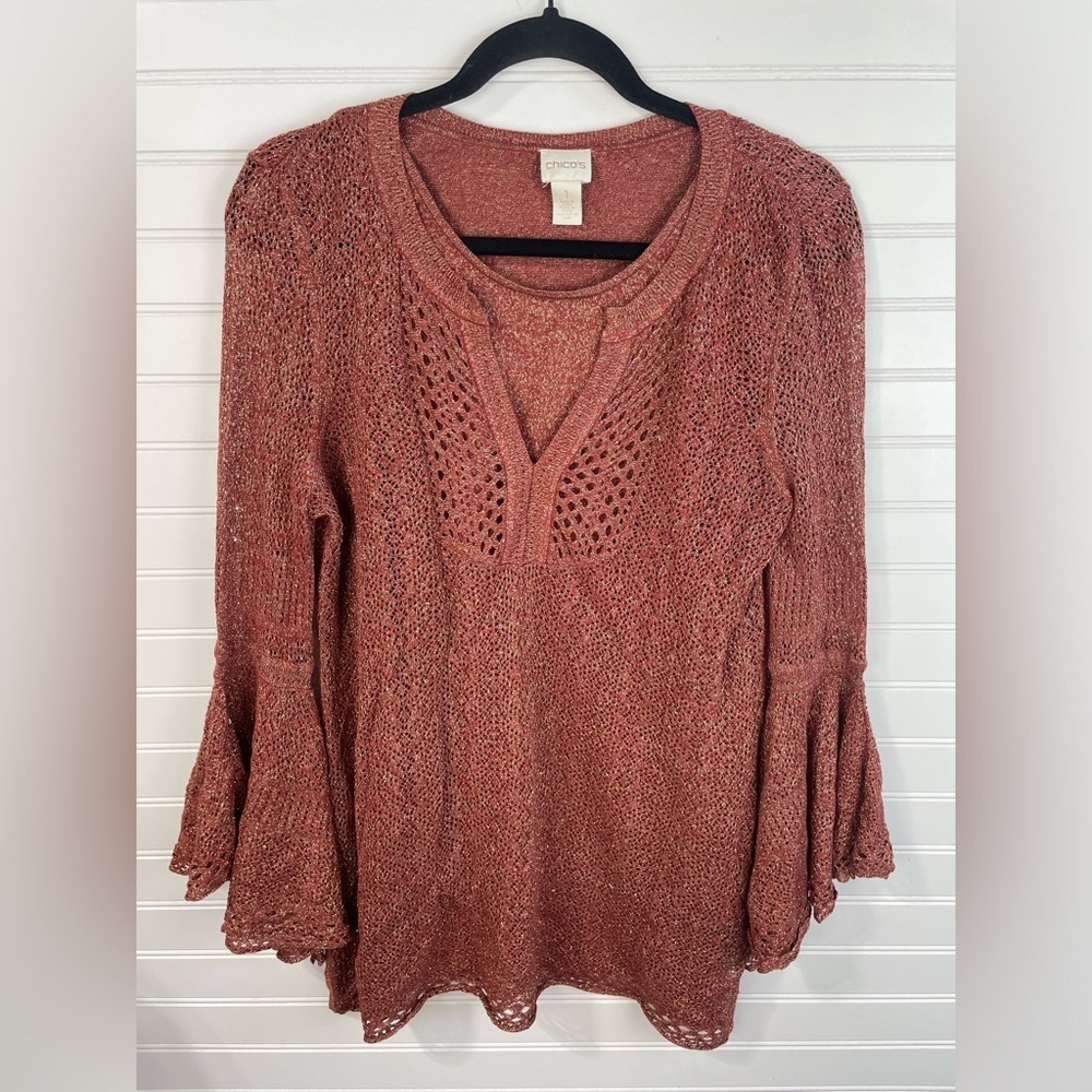 Chico’s Orange Sparkle Knit Bell Sleeve Unique Sweater Size 1X Women’s EUC